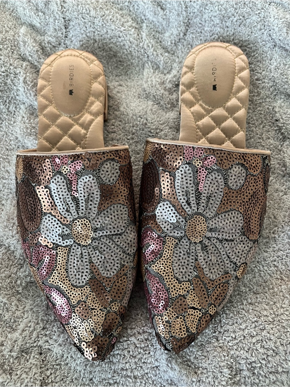 Birdies Sequin Floral Pointed Slide Mules in Beige and Pink